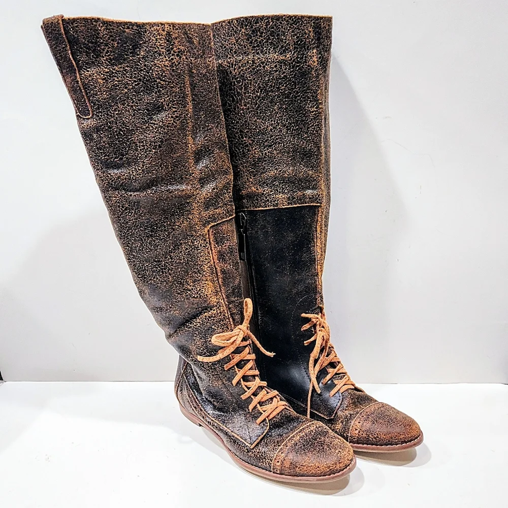Sibyl Vane Knee High Riding Boots Distressed Leather Women 37 Equestrian Gaucho